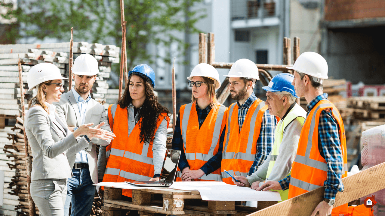 Groupe de travailleurs et gestionnaires de la construction portant des casques de sécurité et des gilets, discutant autour de plans sur un chantier