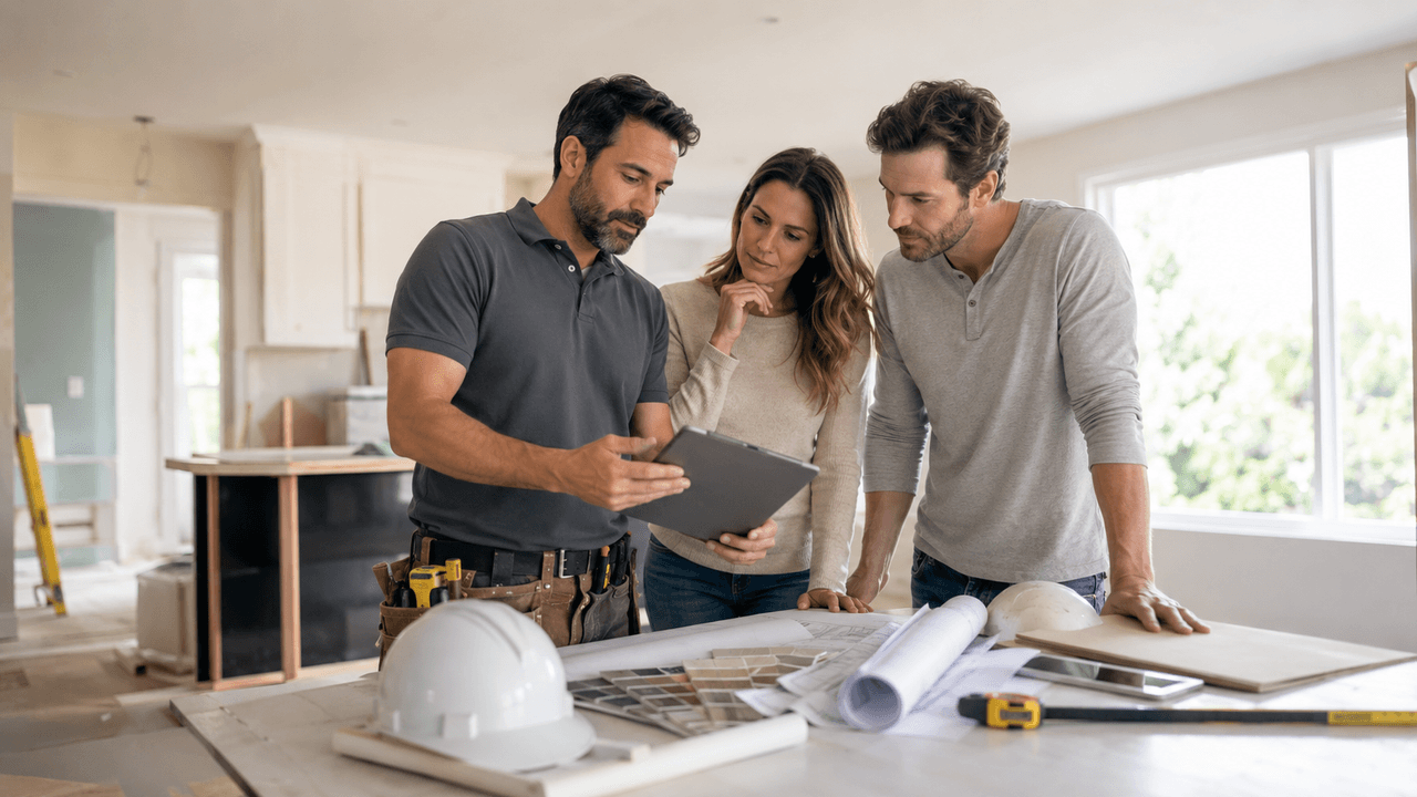 Entrepreneur en rénovation présentant des plans et des options de matériaux à un couple dans une maison en travaux
