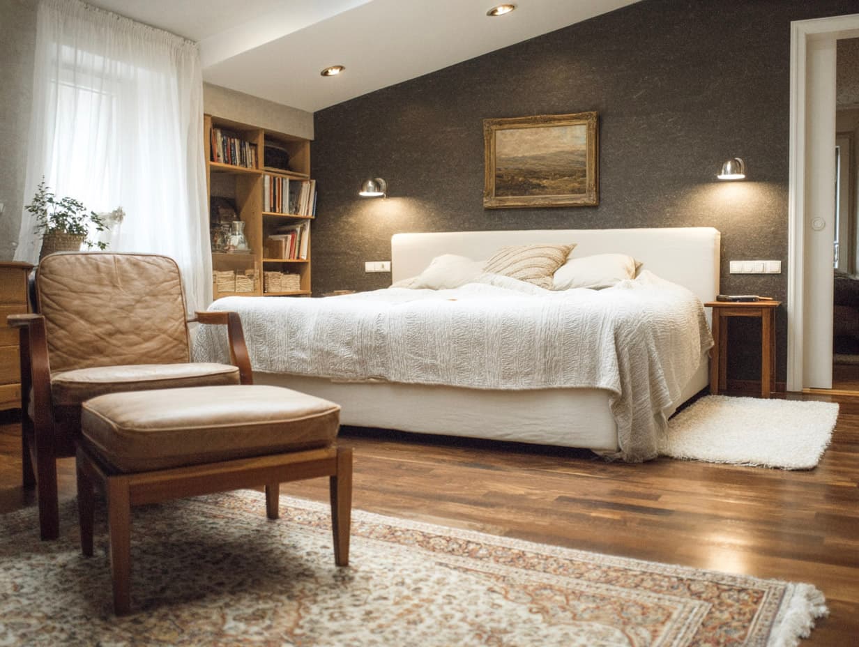 Chambre à coucher chaleureuse avec lit blanc, fauteuil en cuir, mur foncé et plancher de bois