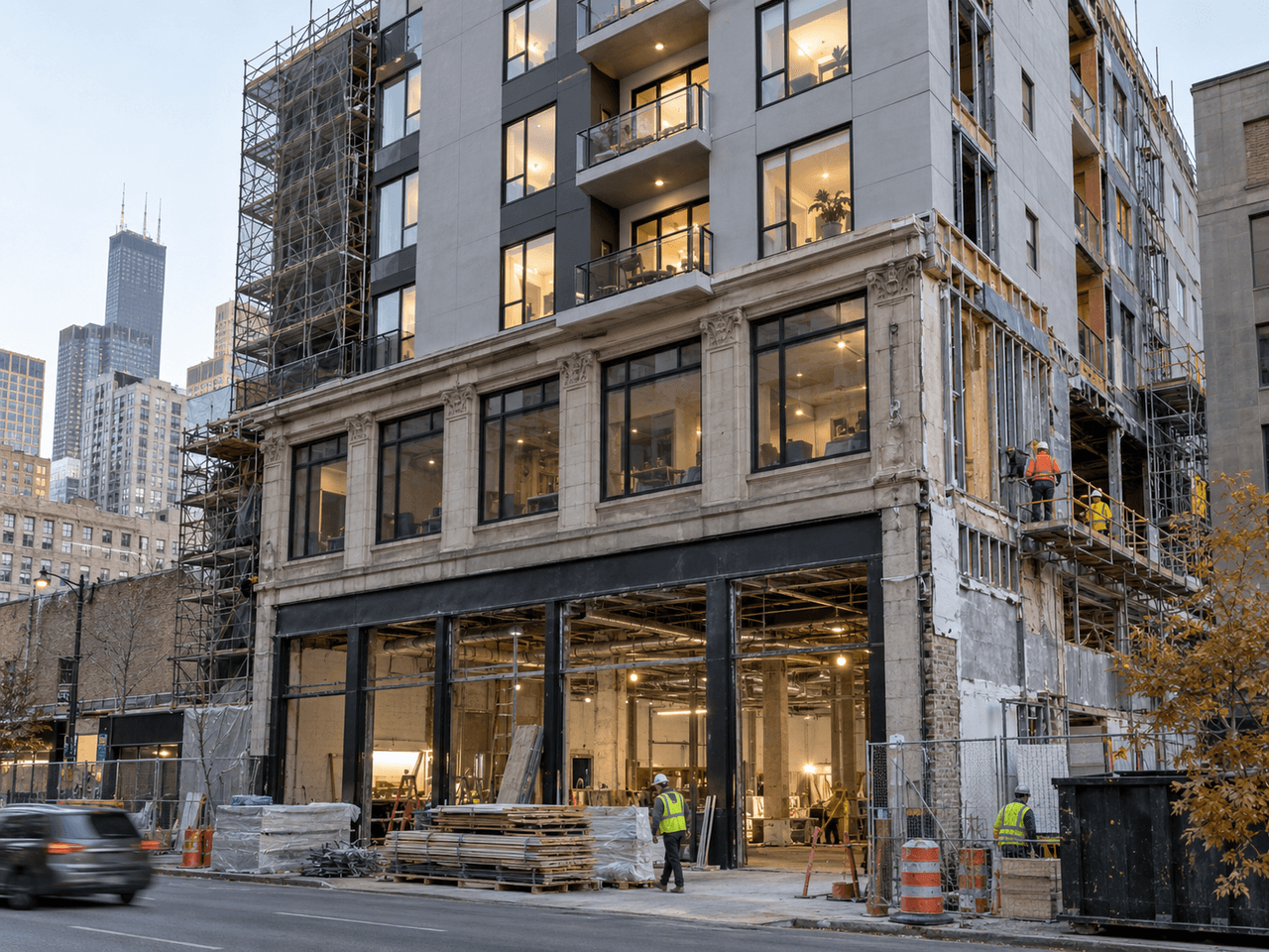 Immeuble urbain à logements en rénovation extérieure avec échafaudages, travailleurs de chantier, nouvelles fenêtres et façade partiellement reconstruite