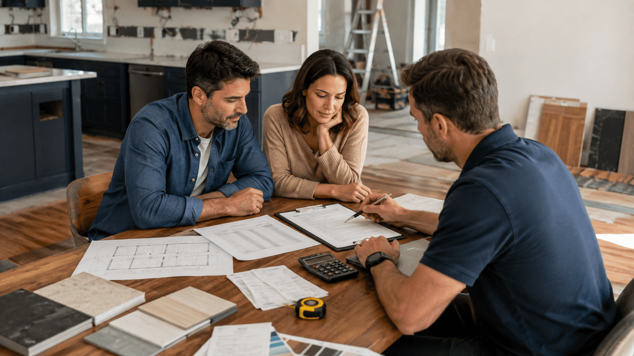 Couple discutant d’un projet de rénovation avec un professionnel autour de plans, devis et échantillons de matériaux dans une cuisine en chantier.
