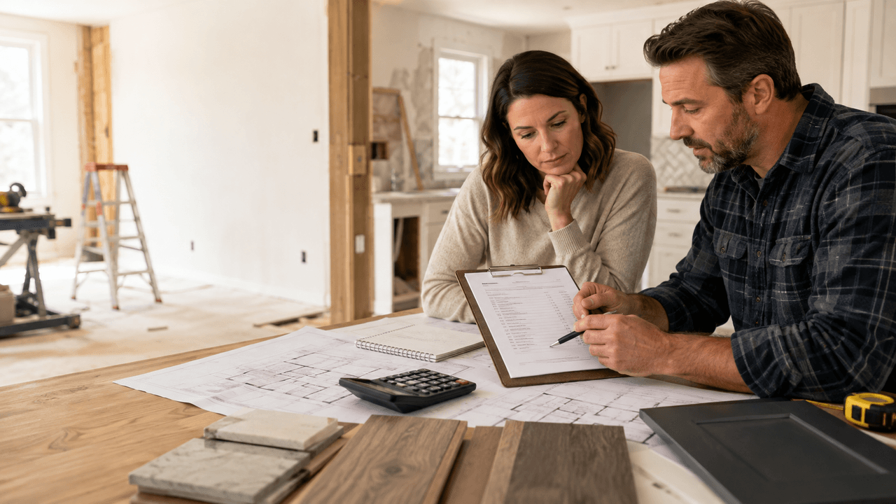 Couple examinant un devis de rénovation et des plans de construction dans une maison en travaux, avec échantillons de matériaux et calculatrice sur la table.