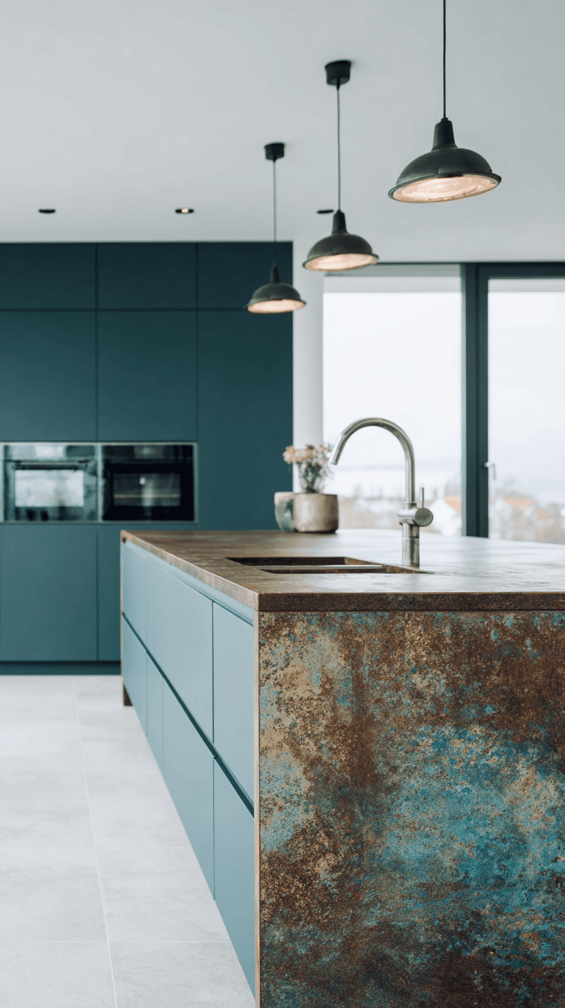 Cuisine moderne aux armoires bleu pétrole avec grand îlot central, comptoir texturé, évier intégré et luminaires suspendus noirs