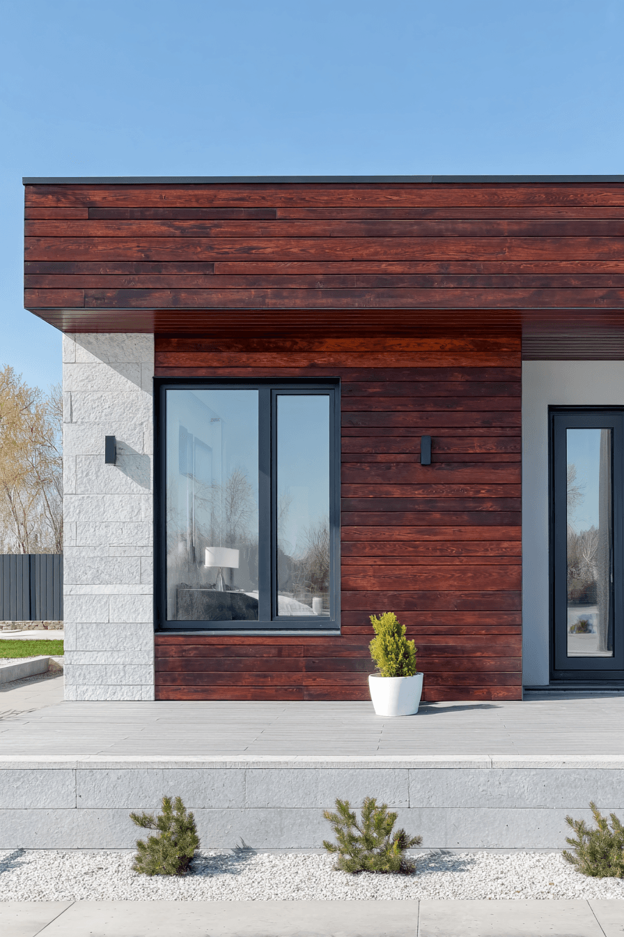 Façade de maison moderne avec revêtement en bois brun, pierre blanche, grandes fenêtres noires, porte vitrée et terrasse extérieure épurée