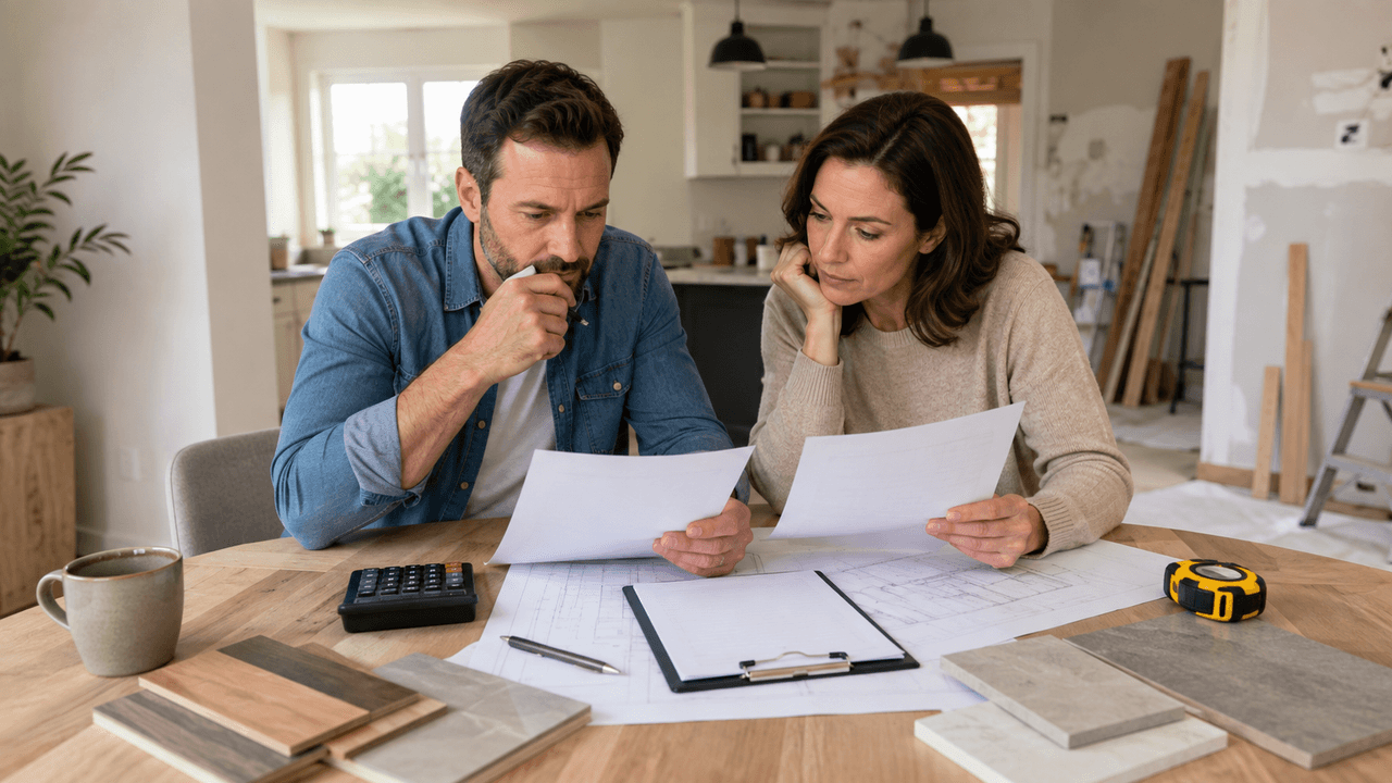 Couple examinant des soumissions, plans et échantillons de matériaux pour un projet de rénovation résidentielle dans une maison en travaux