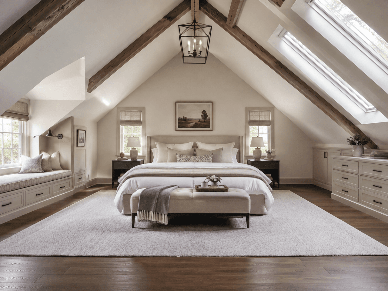 Chambre principale aménagée sous les combles avec plafond cathédrale, poutres de bois apparentes, puits de lumière, rangements intégrés et décoration contemporaine