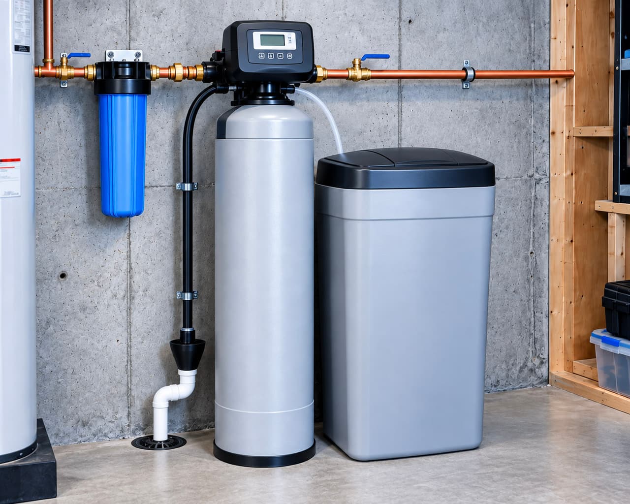 Système résidentiel de traitement de l’eau avec filtre, réservoir d’adoucisseur et bac à sel installé au sous-sol avec tuyauterie en cuivre.