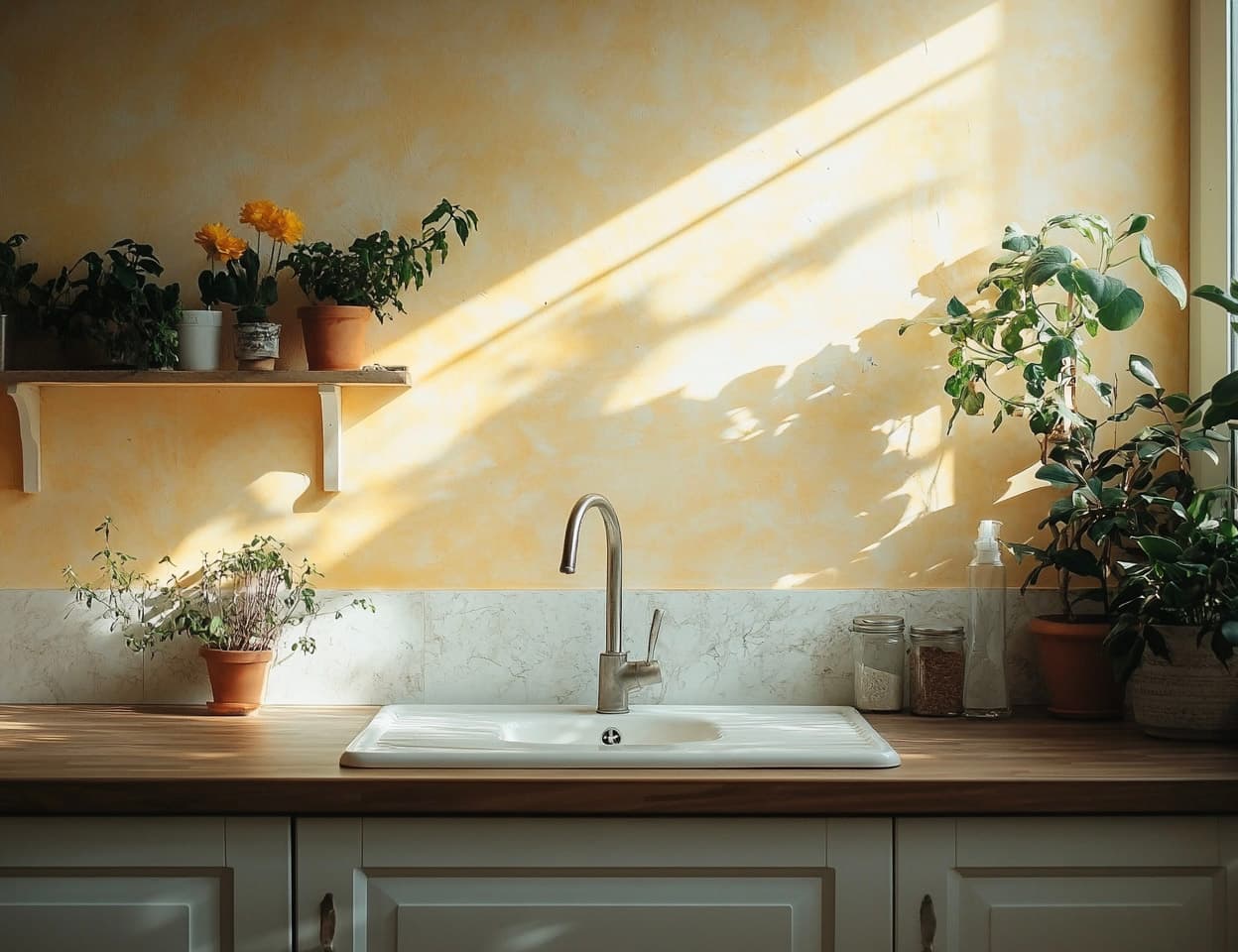 Cuisine lumineuse avec évier blanc, robinet moderne, plantes en pot et mur jaune ensoleillé.