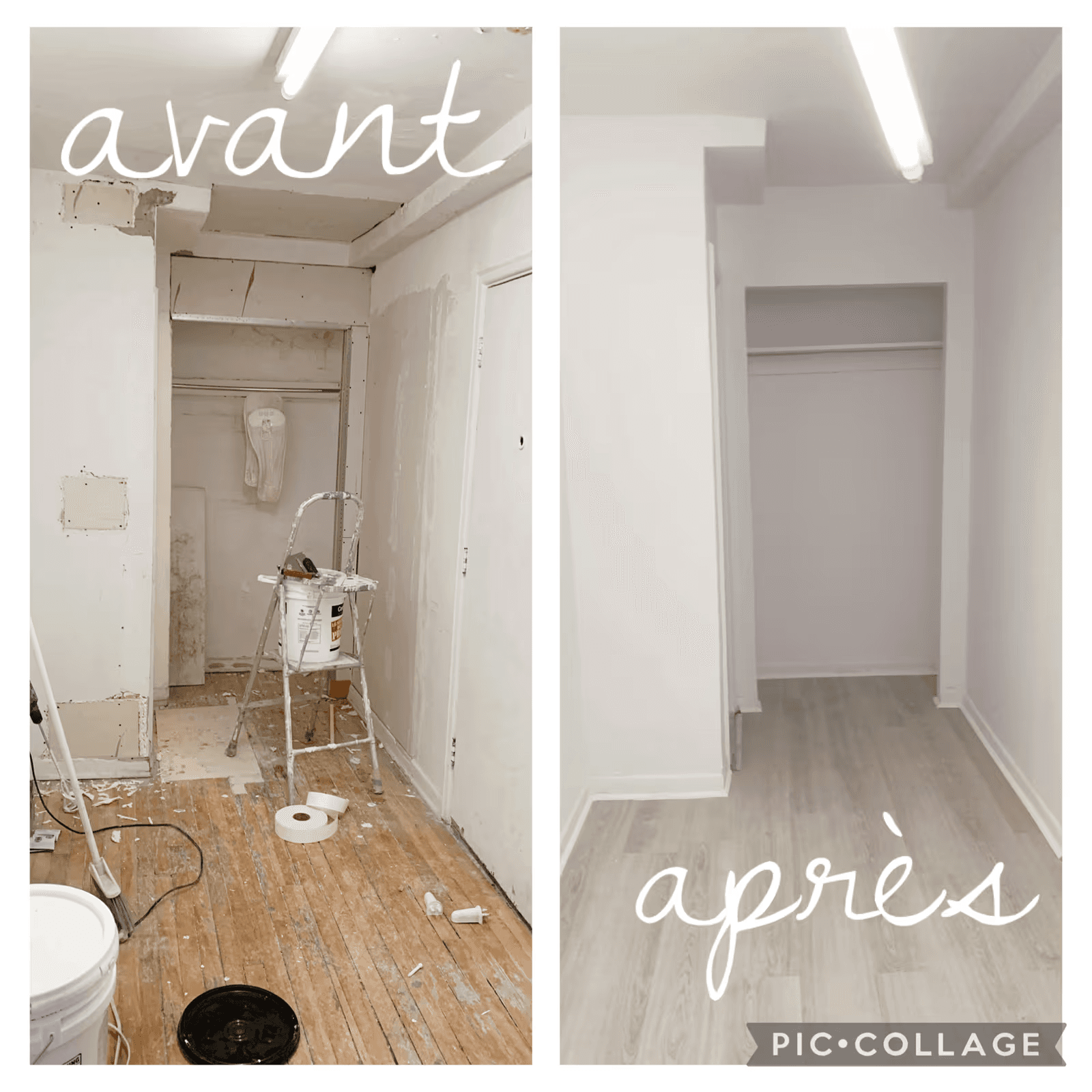 Comparaison avant-après d’une rénovation intérieure montrant un corridor en travaux transformé en espace propre et fini avec murs blancs, nouveau plancher et rangement intégré.
