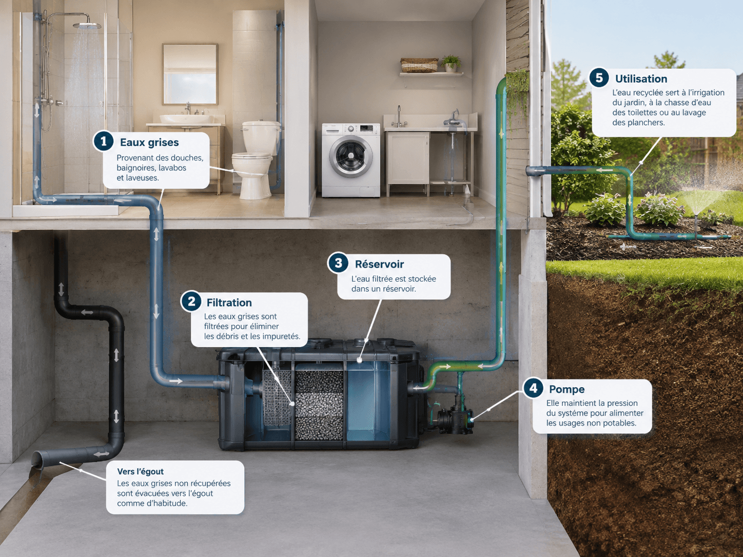 Schéma explicatif du fonctionnement d’un système résidentiel de récupération et de recyclage des eaux grises, avec filtration, réservoir de stockage, pompe et réutilisation de l’eau pour l’irrigation du jardin, les toilettes et le lavage des planchers / Illustration explaining how a residential greywater recycling and reuse system works, featuring filtration, a storage tank, a pump and recycled water distribution for garden irrigation, toilet flushing and floor cleaning
