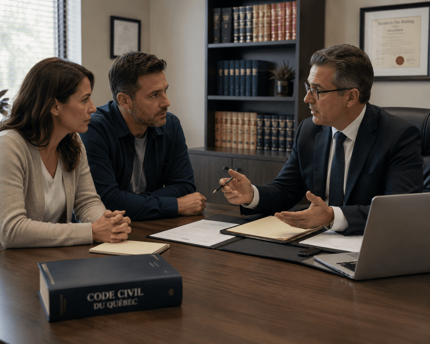 Couple rencontrant un professionnel dans un bureau pour discuter de documents juridiques et contractuels liés à un projet immobilier ou de construction