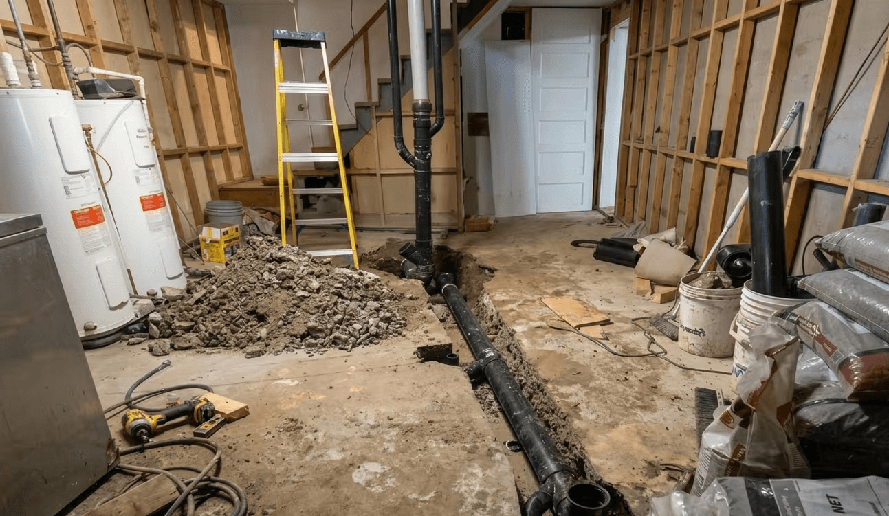 Sous-sol en rénovation avec tranchée pour tuyauterie de drainage et plomberie exposée, travaux de fondation en cours