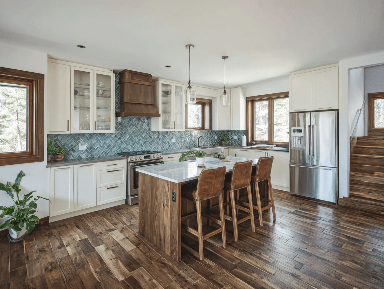 Cuisine moderne et chaleureuse avec armoires blanches, îlot central en bois, comptoir clair, dosseret bleu, électroménagers en acier inoxydable et plancher de bois