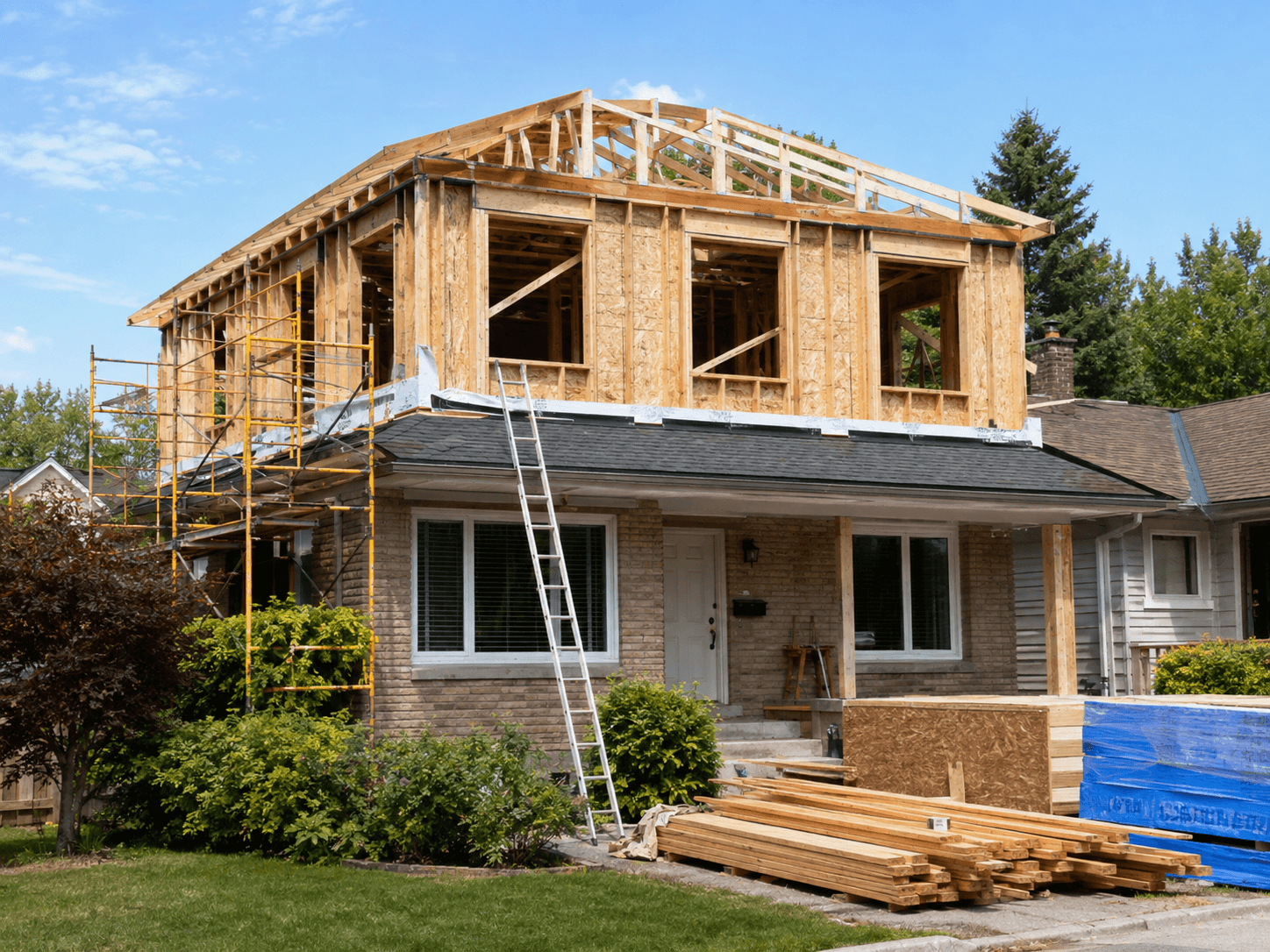 Surélévation résidentielle en construction avec ajout d’un deuxième étage, charpente en bois, fermes de toit, panneaux structuraux, échafaudage et matériaux de chantier
