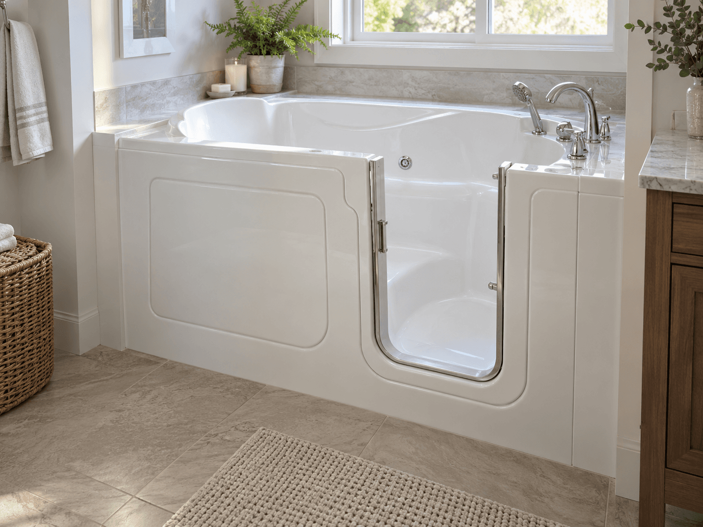 Salle de bain moderne avec baignoire à porte pour accès facilité, robinetterie chromée, céramique beige et grande fenêtre lumineuse