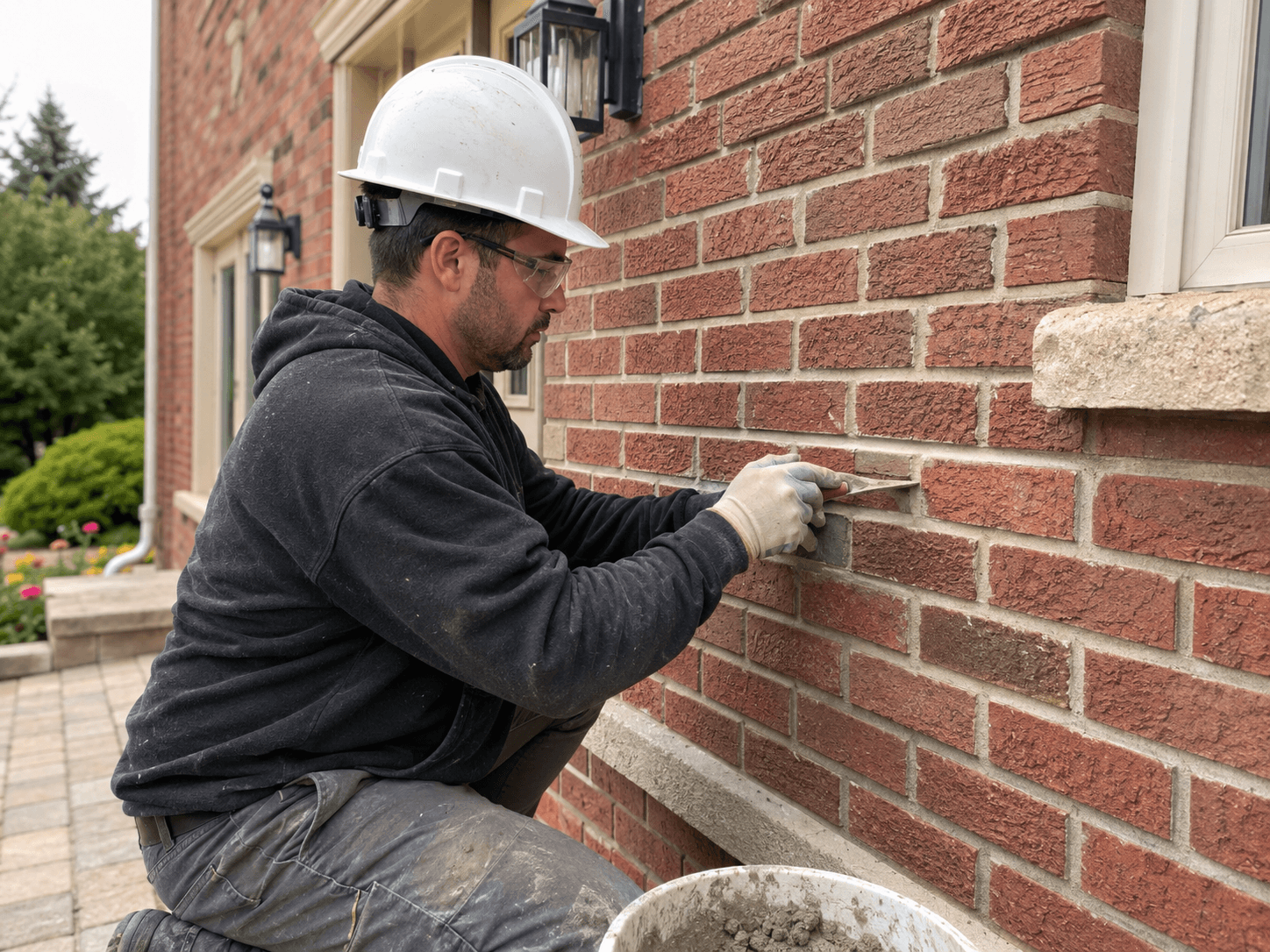 Maçon portant un casque et des lunettes de sécurité effectuant le rejointoiement d’un mur extérieur en briques rouges avec du mortier et une truelle
