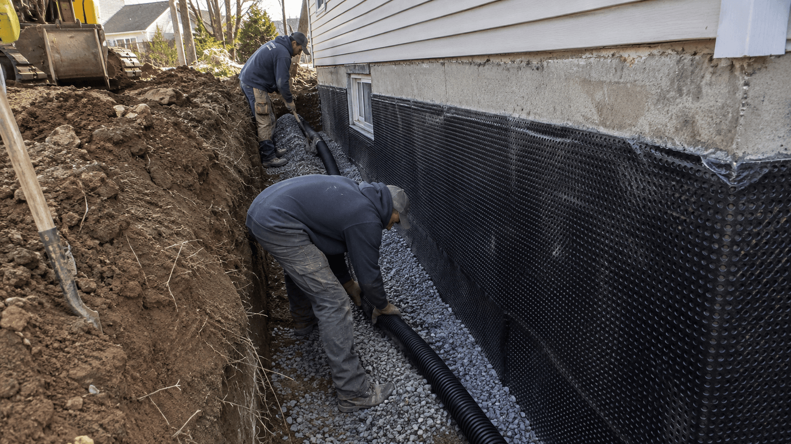 Travailleurs installant un drain français le long d’une fondation résidentielle avec membrane drainante noire, gravier et excavation autour de la maison