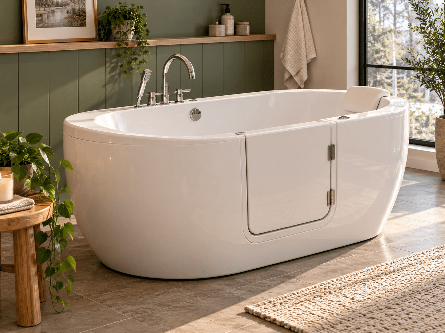 Salle de bain moderne avec baignoire autoportante à porte, robinetterie chromée, mur vert sauge et grande fenêtre lumineuse