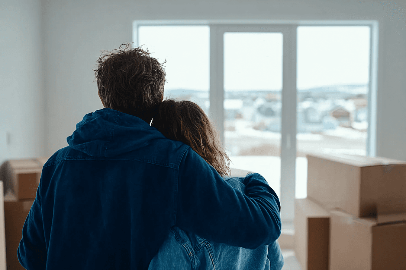 Couple enlacé dans une maison ou un appartement vide avec des boîtes de déménagement, regardant par une grande fenêtre