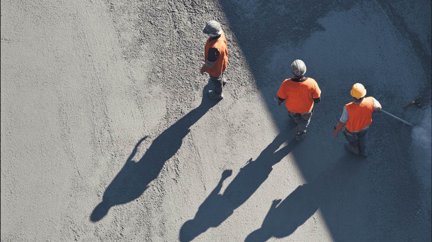 Trois ouvriers en équipement de sécurité sur un chantier de béton frais, observés en vue aérienne avec outils de finition et longues ombres