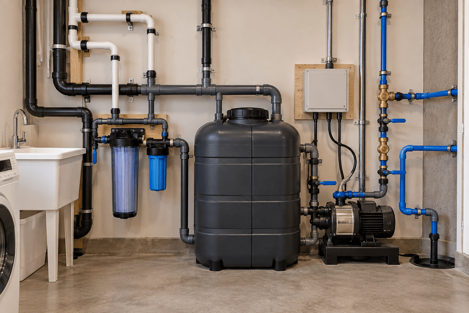 Installation résidentielle d’un système de récupération et de recyclage des eaux grises dans une salle de lavage, comprenant un réservoir de stockage, deux filtres, une pompe électrique, un panneau de commande et un réseau de tuyauterie raccordé à la plomberie / Residential greywater recycling and reuse system installed in a laundry room, featuring a storage tank, two water filters, an electric pump, a control panel and a network of plumbing pipes