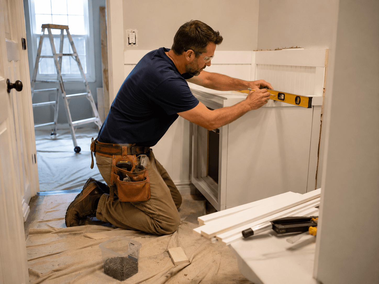 Entrepreneur en rénovation utilisant un niveau à bulle pour ajuster et installer des boiseries autour d’un foyer dans une maison en travaux