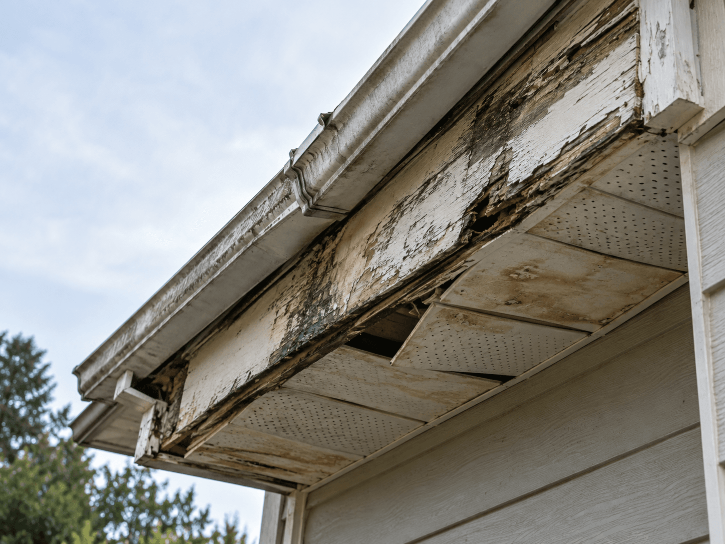 Vue rapprochée d’un avant-toit résidentiel fortement détérioré avec fascias en bois pourri, peinture écaillée, soffites blancs perforés endommagés et gouttière vieillissante, montrant des signes de dégradation et des travaux de réparation extérieure nécessaires