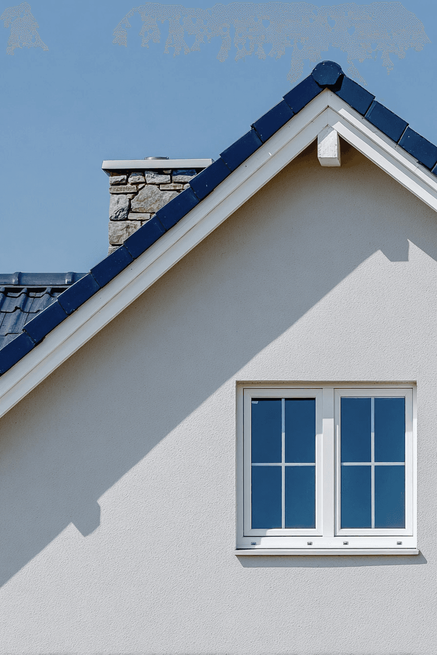 Façade extérieure de maison avec pignon en crépi blanc, fenêtre à carreaux, toiture bleue inclinée et cheminée en pierre.