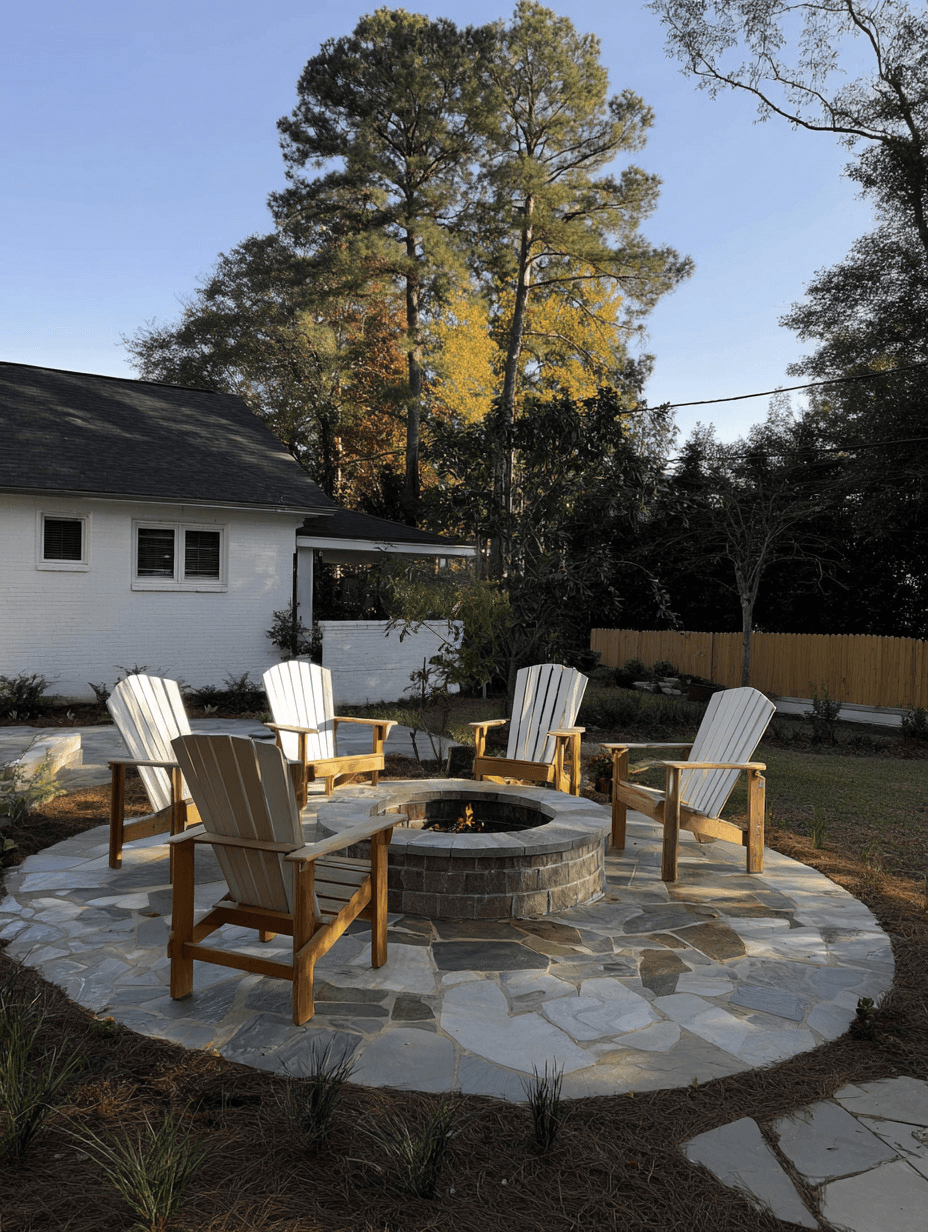 Patio circulaire en pierre naturelle avec foyer central en maçonnerie, chaises Adirondack en bois et aménagement paysager dans une cour résidentielle boisée.