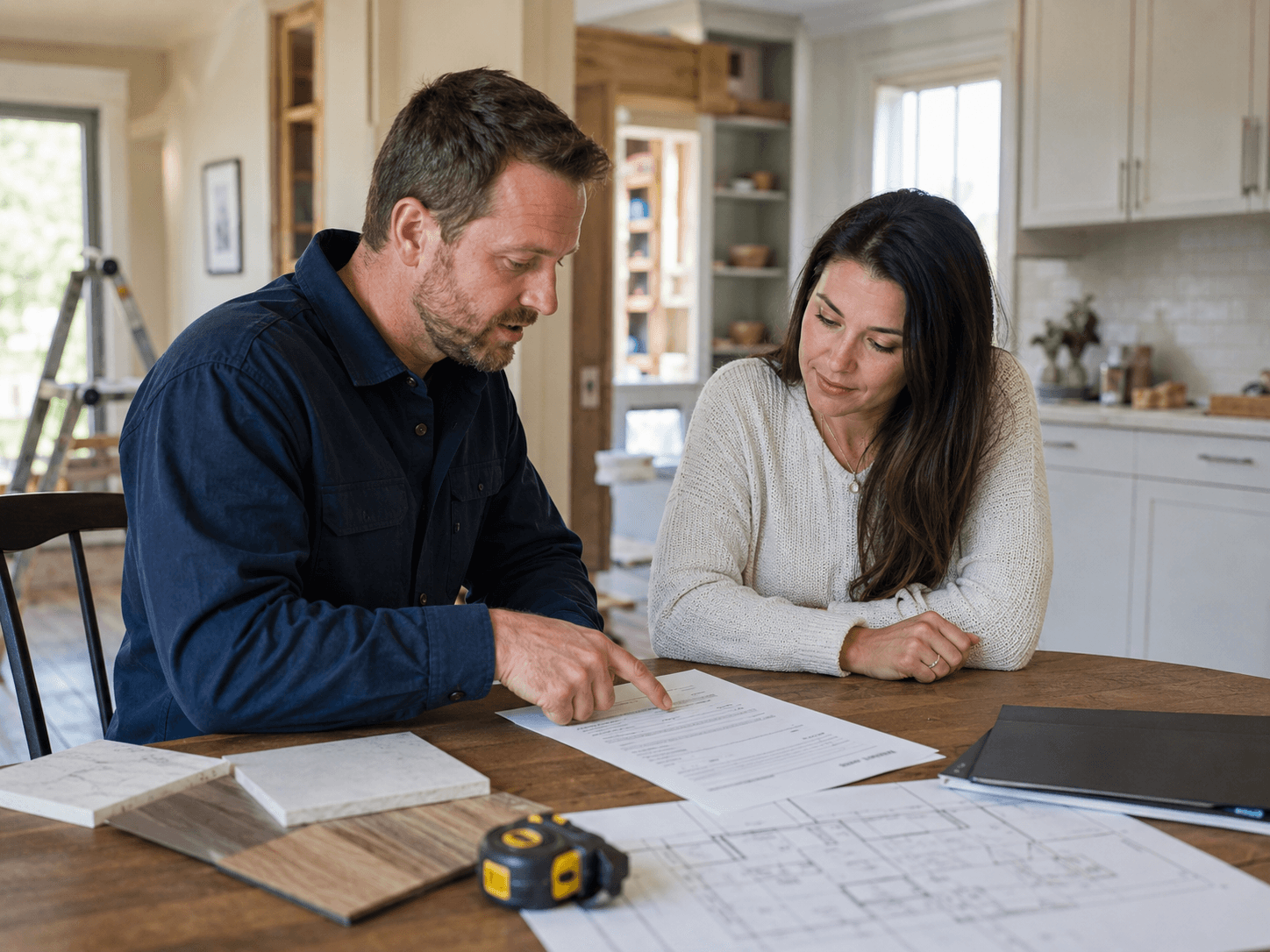 Entrepreneur en rénovation examinant un document avec une cliente à une table, avec plans, échantillons de matériaux et ruban à mesurer dans une maison en travaux