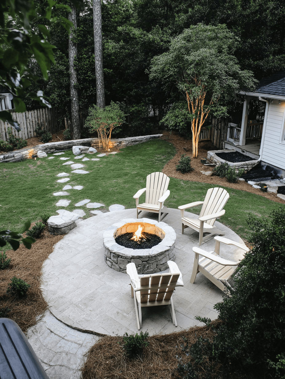 Cour arrière aménagée avec foyer circulaire en pierre, chaises Adirondack, patio pavé, sentier en pas japonais, muret de pierre et éclairage paysager.