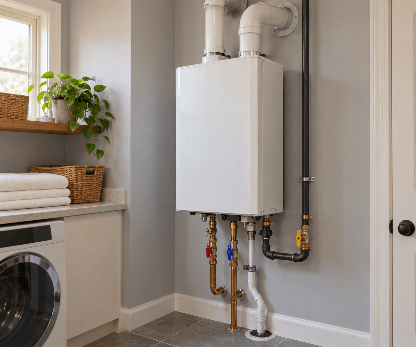 Wall-mounted tankless gas water heater installation in a modern residential laundry room, featuring copper piping, gas connection, white exhaust vent pipes and a floor drainage system.