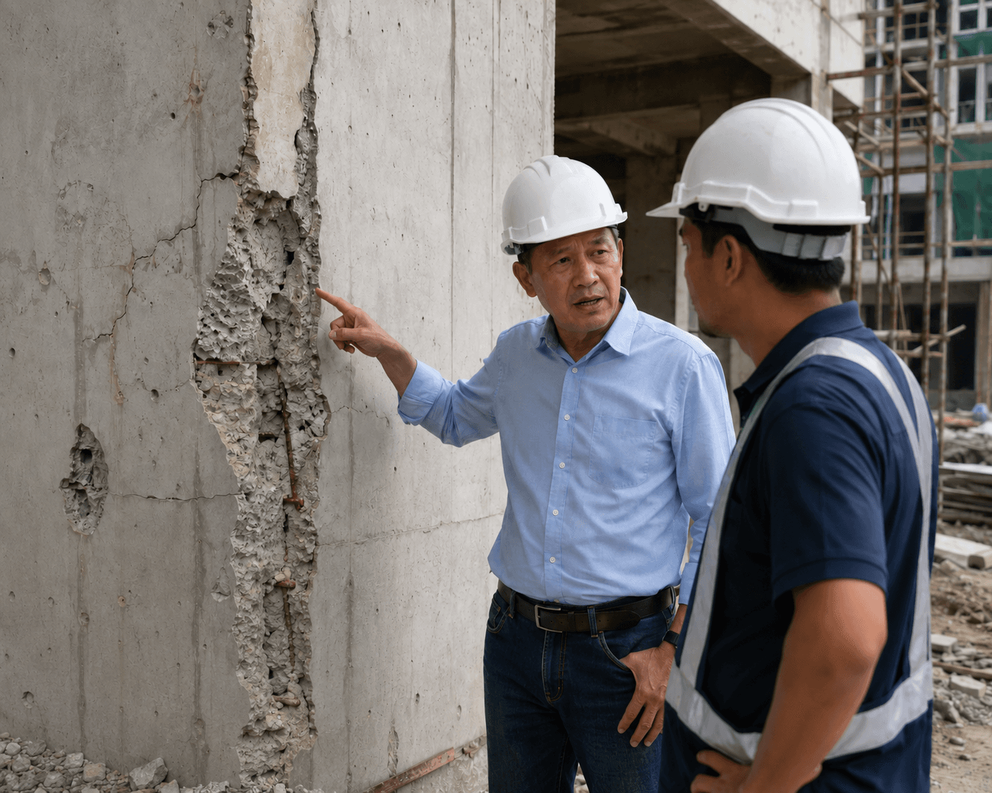 Deux professionnels de la construction portant des casques de sécurité inspectent une importante fissure et une zone de béton détérioré sur un mur structurel de chantier