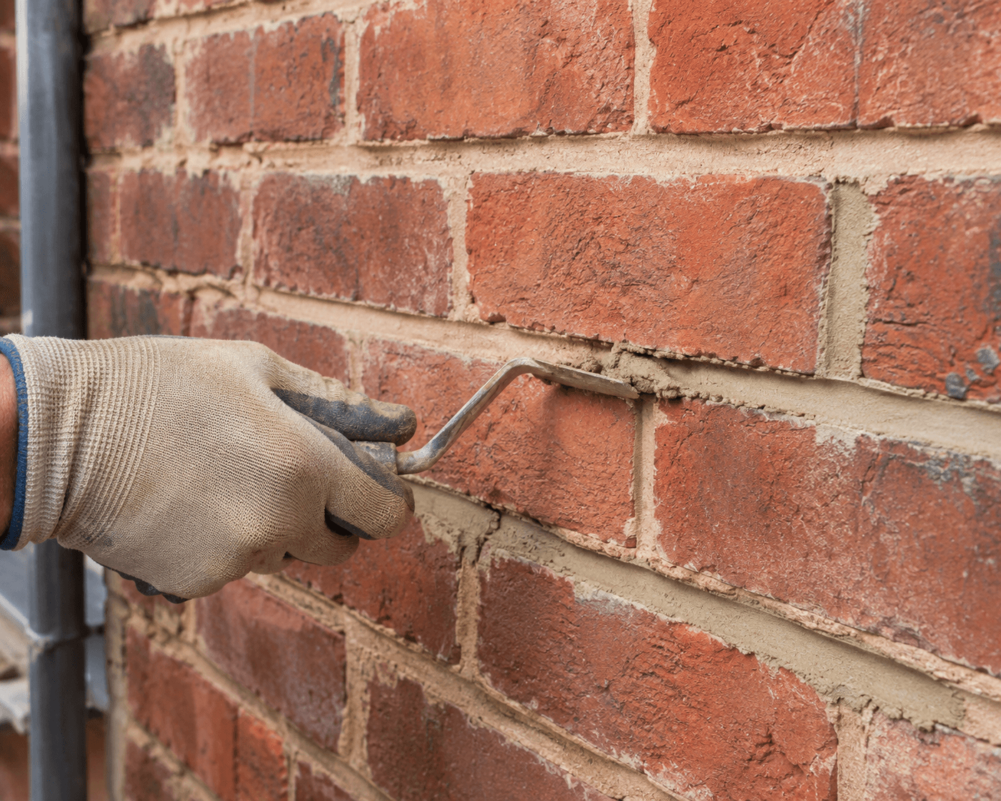 Main gantée appliquant du mortier dans les joints d’un mur de briques rouges lors de travaux de rejointoiement et de réparation de maçonnerie extérieure