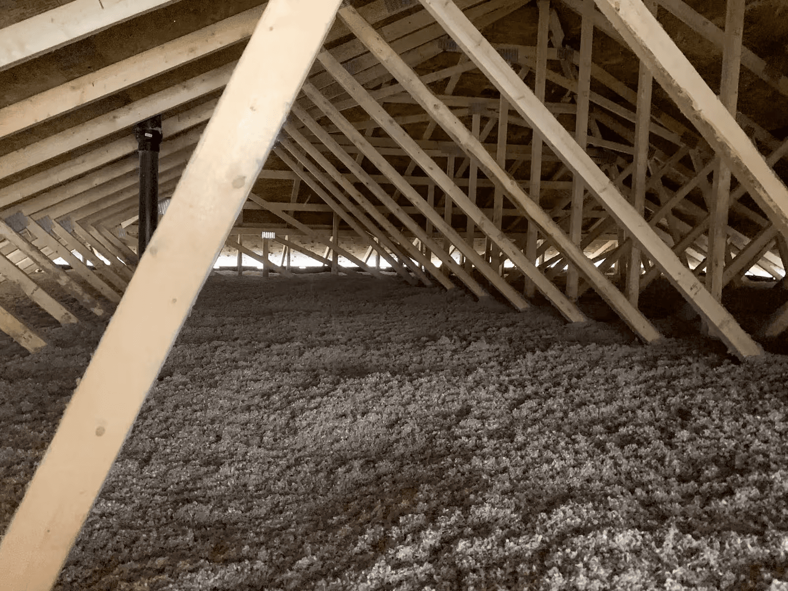 Entretoit de maison avec charpente en bois apparente, fermes de toit et isolation soufflée grise au plancher.