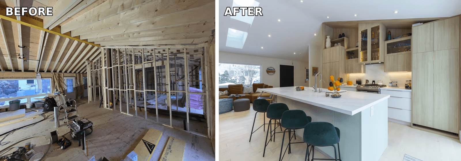Comparaison avant et après d’une rénovation intérieure avec transformation d’un espace en chantier à ossature apparente en cuisine moderne ouverte avec grand îlot et mobilier intégré