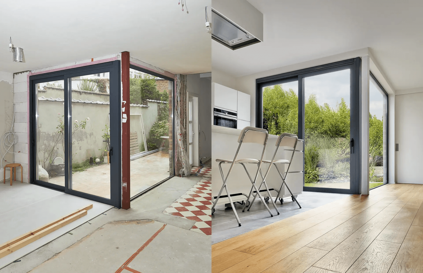 Comparaison avant et après d’une rénovation intérieure avec grandes portes-fenêtres vitrées, ouverture d’angle, cuisine moderne blanche et nouveau plancher de bois