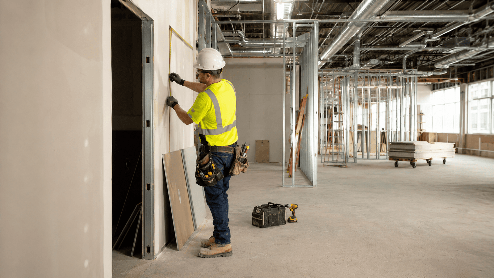Travailleur de la construction prenant des mesures sur un mur dans un espace commercial en rénovation, avec ossature métallique et conduits de ventilation apparents