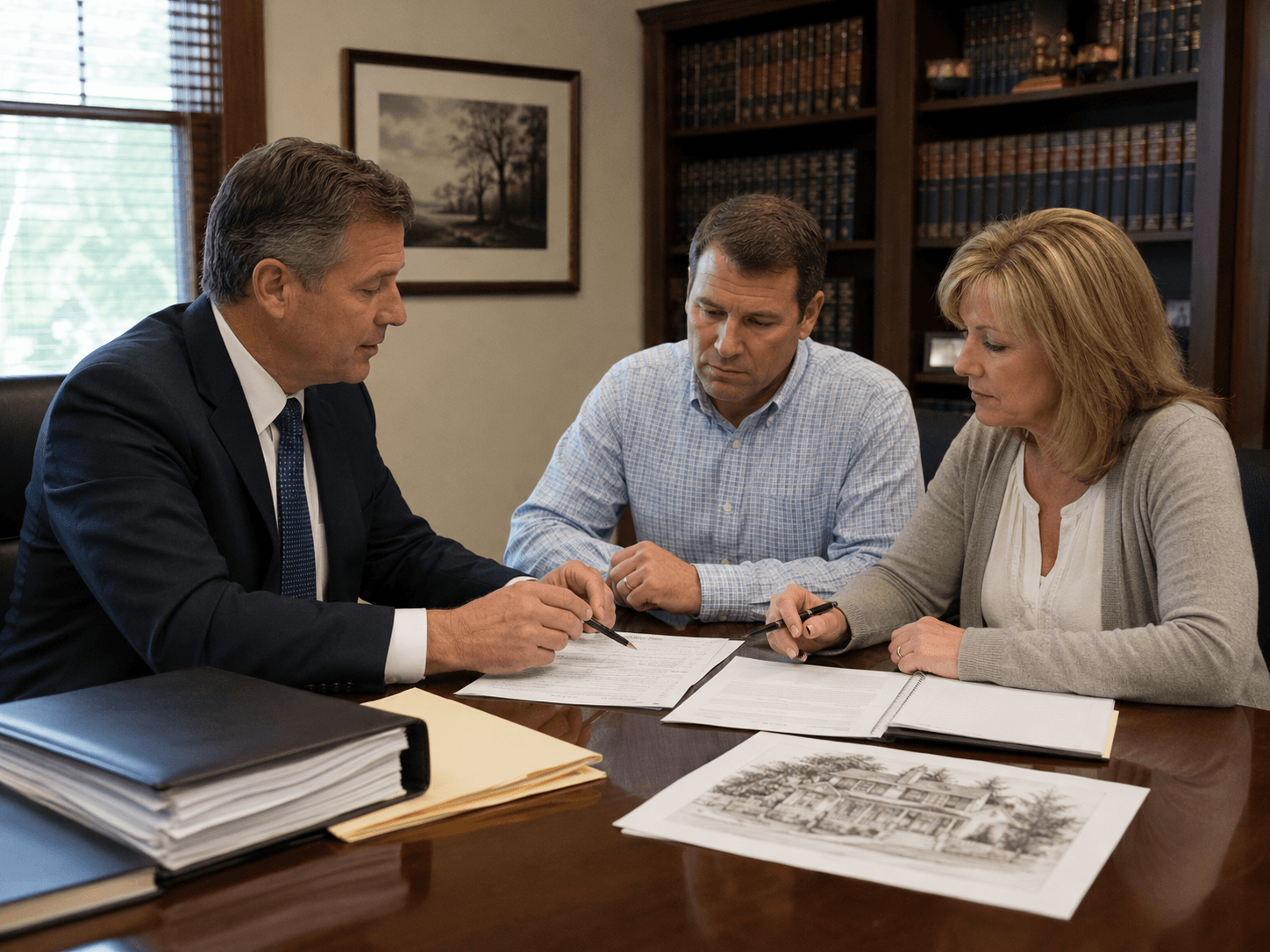 Conseiller juridique examinant des documents avec un couple lors d’une consultation liée à une propriété résidentielle ou à un projet immobilier