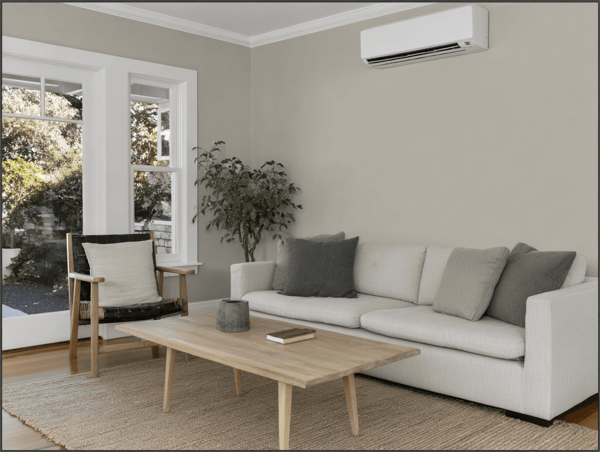 Salon lumineux avec canapé blanc, table basse en bois, grandes fenêtres et unité murale de thermopompe ou de climatisation
