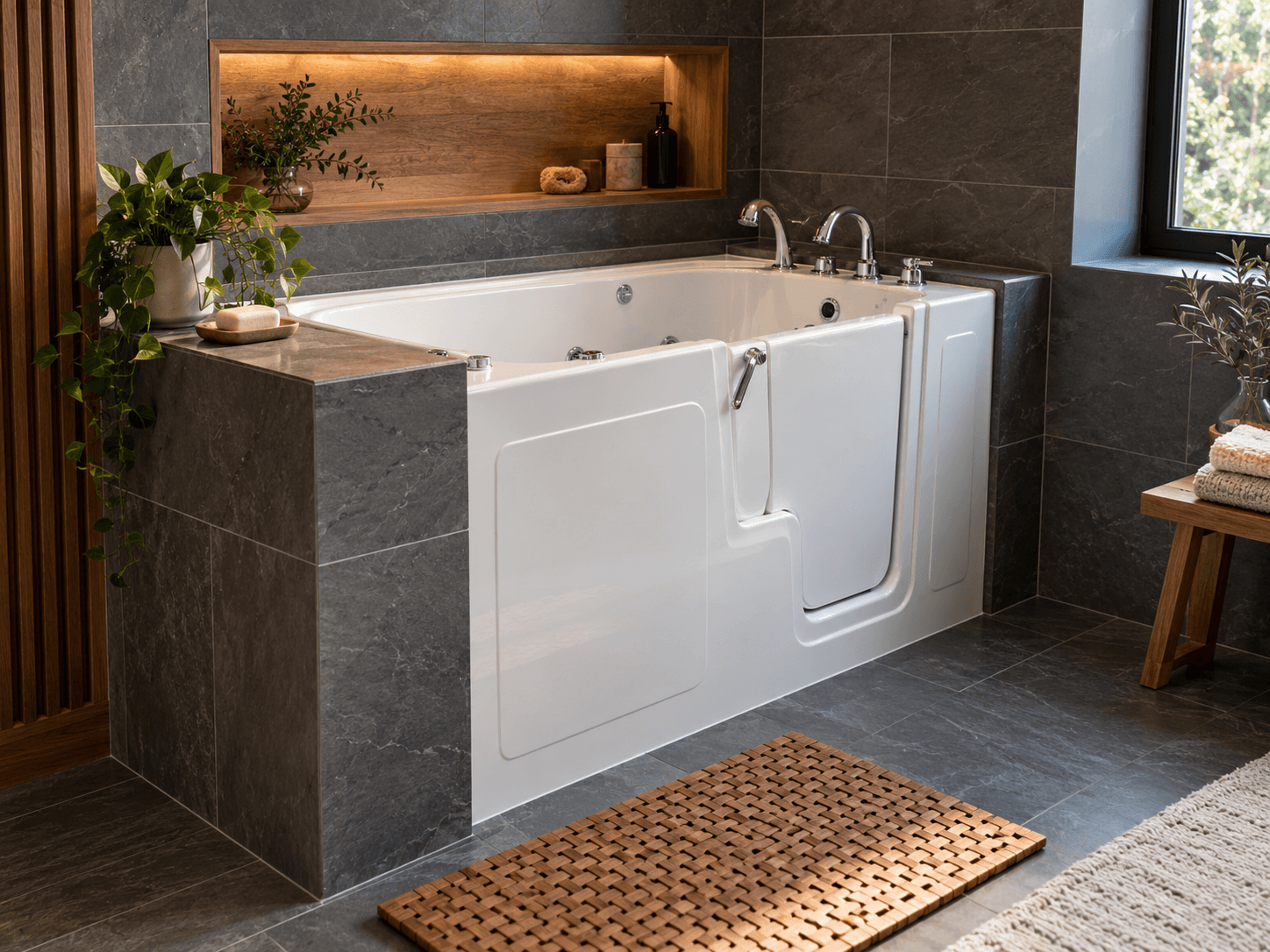Salle de bain moderne avec baignoire à porte blanche, céramique gris foncé, robinetterie chromée et niche murale en bois éclairée