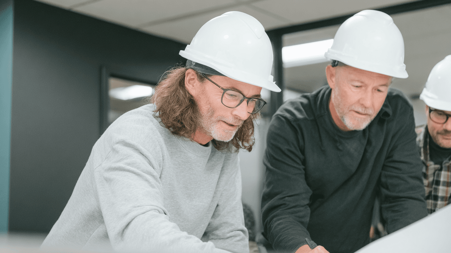 Professionnels de la construction portant des casques de sécurité et examinant des plans techniques lors d’une réunion de chantier / Construction professionals wearing hard hats and reviewing technical plans during a job site meeting