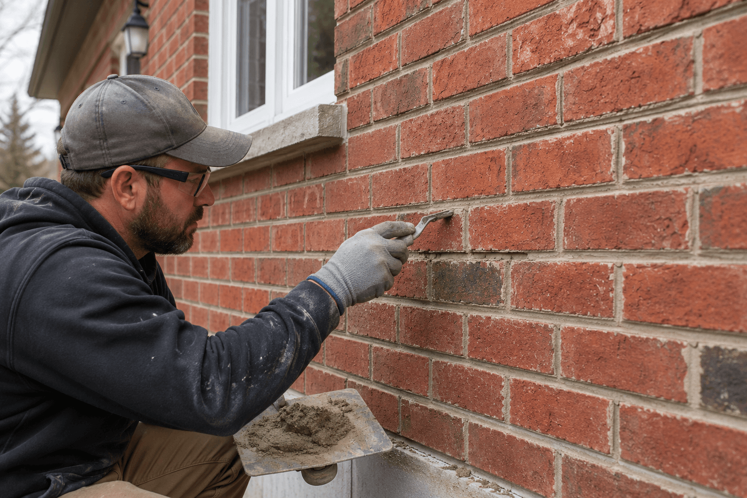 Maçon effectuant le rejointoiement d’un mur extérieur en briques rouges avec du mortier et un outil de finition près d’une fenêtre résidentielle