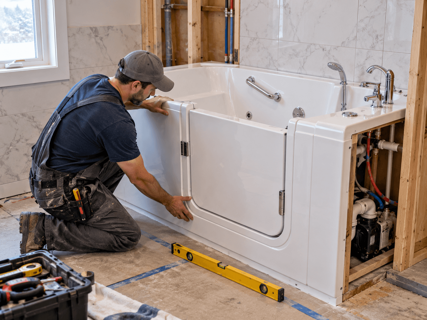 Installation d’une baignoire à porte blanche par un professionnel dans une salle de bain en rénovation, avec plomberie apparente et murs en céramique effet marbre
