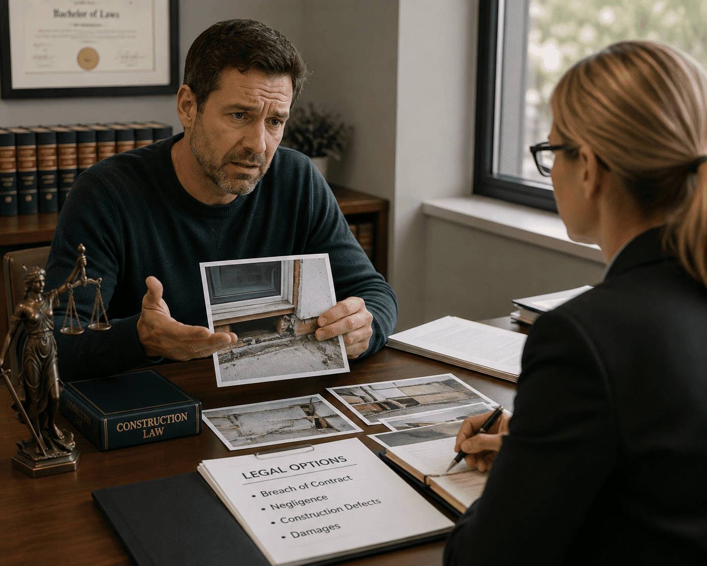 Client présentant des photos de défauts de construction à une professionnelle du droit lors d’une consultation sur un litige lié à des travaux résidentiels