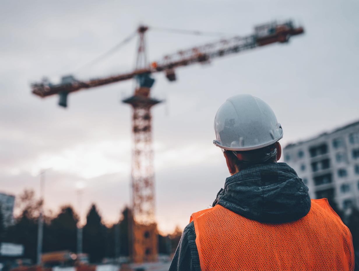 Travailleur de chantier portant un casque blanc et un gilet de sécurité orange observant une grue de construction sur un site urbain au coucher du soleil.