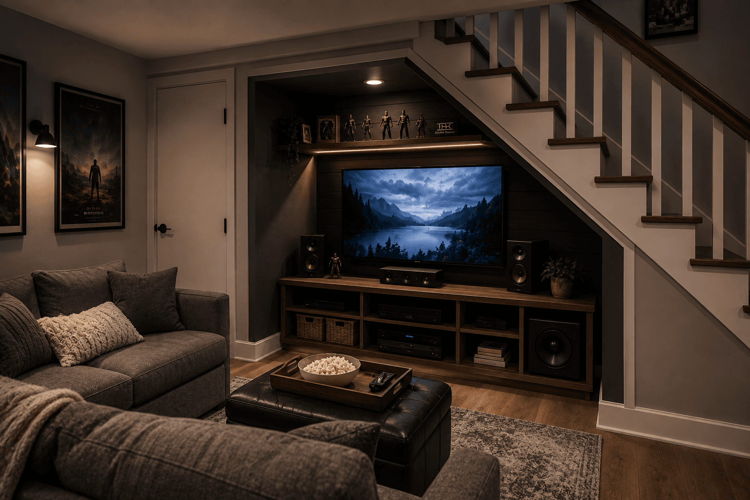 Installation home cinéma aménagée sous un escalier, comprenant un grand téléviseur, un système audio, un meuble multimédia, un canapé confortable et un éclairage d'ambiance chaleureux.