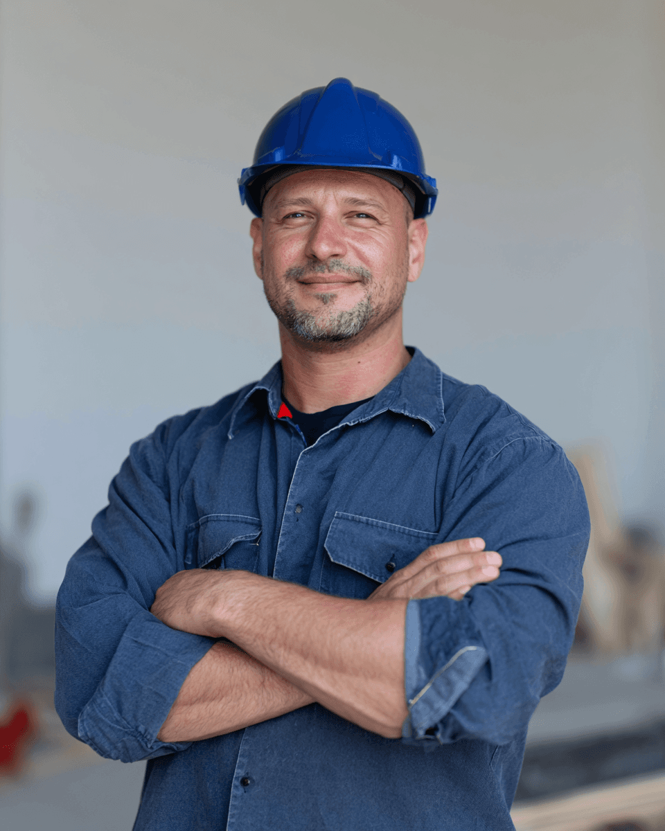 Entrepreneur en construction portant un casque de sécurité bleu et une chemise de travail, les bras croisés, dans un environnement de chantier