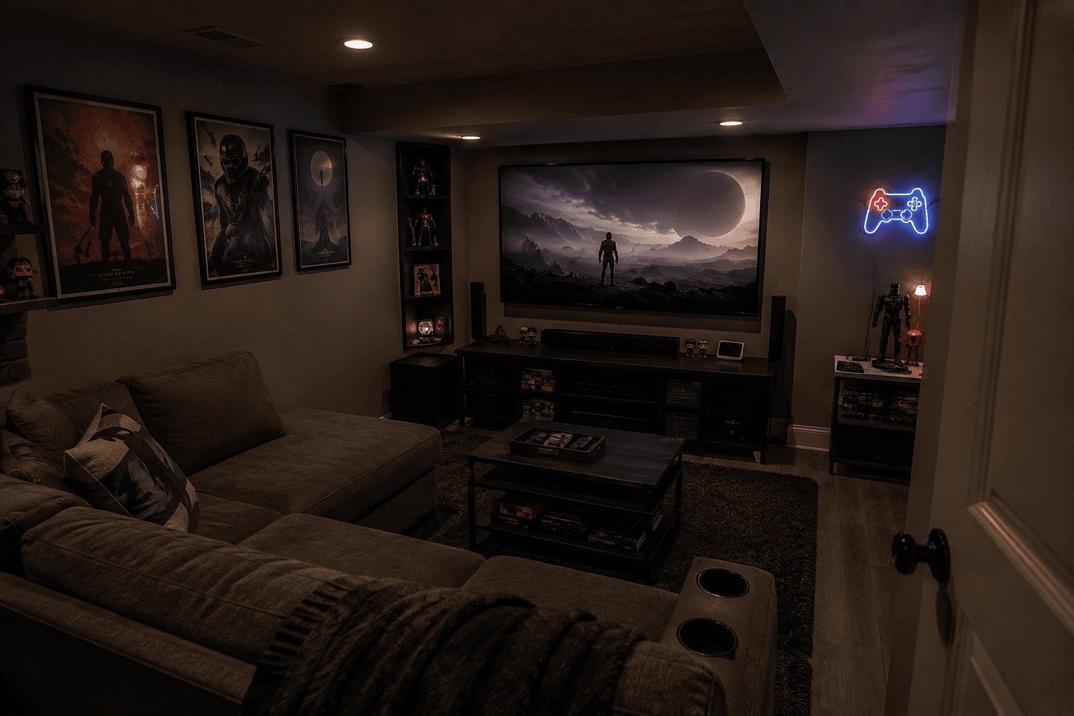 Salle de cinéma maison sombre avec un grand téléviseur mural, un système audio, un canapé d'angle, des affiches encadrées, des objets de collection et un éclairage d'ambiance.