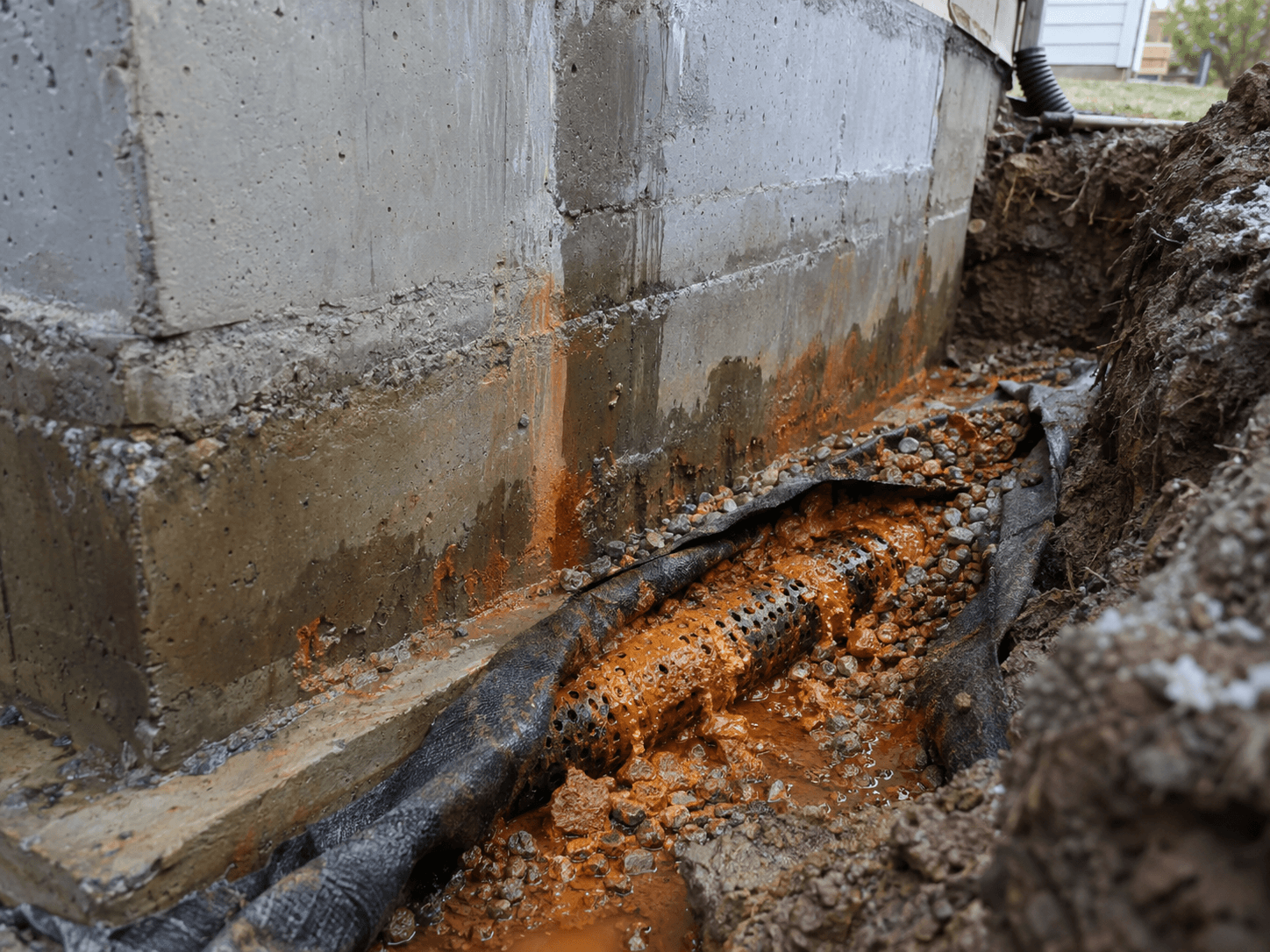 Tranchée d’excavation le long des fondations en béton d’une maison résidentielle, montrant un drain français perforé entouré de gravier et de membrane géotextile noire, avec accumulation d’eau boueuse orangée et traces de rouille sur le mur de fondation, illustrant des travaux de drainage et de gestion des infiltrations d’eau